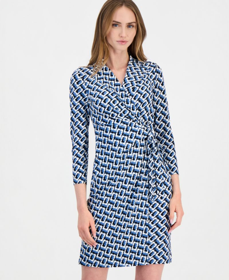Women's Notched-Collar 3/4-Sleeve Wrap Dress