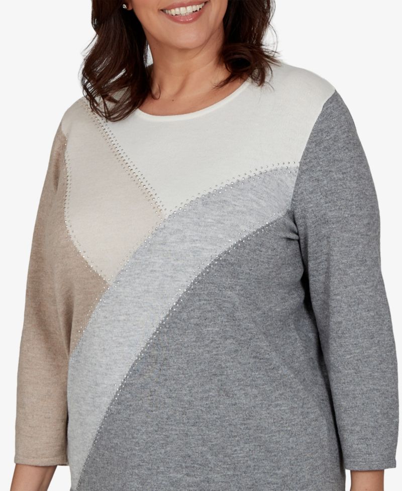 Plus Size 3/4-Sleeve Colorblock Crewneck Pullover Sweater