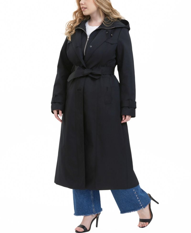 Plus Size Hooded Water-Resistant Trench Coat