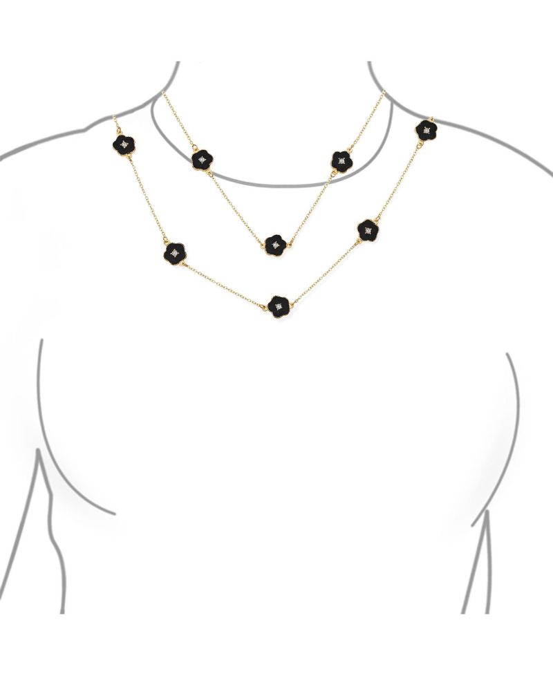 Long Crystal Enamel Rose Flower Double Wrap Clover Necklace Gold Tone 36"