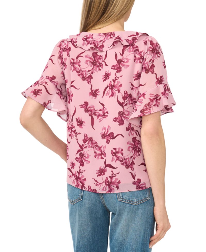 Women's V-Neck Short-Flutter Sleeve Blouse