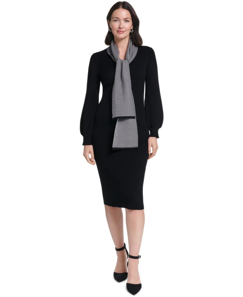 Women's Long-Sleeve Cocktail Rayon-Blend Sweater Dress with Matching Scarf