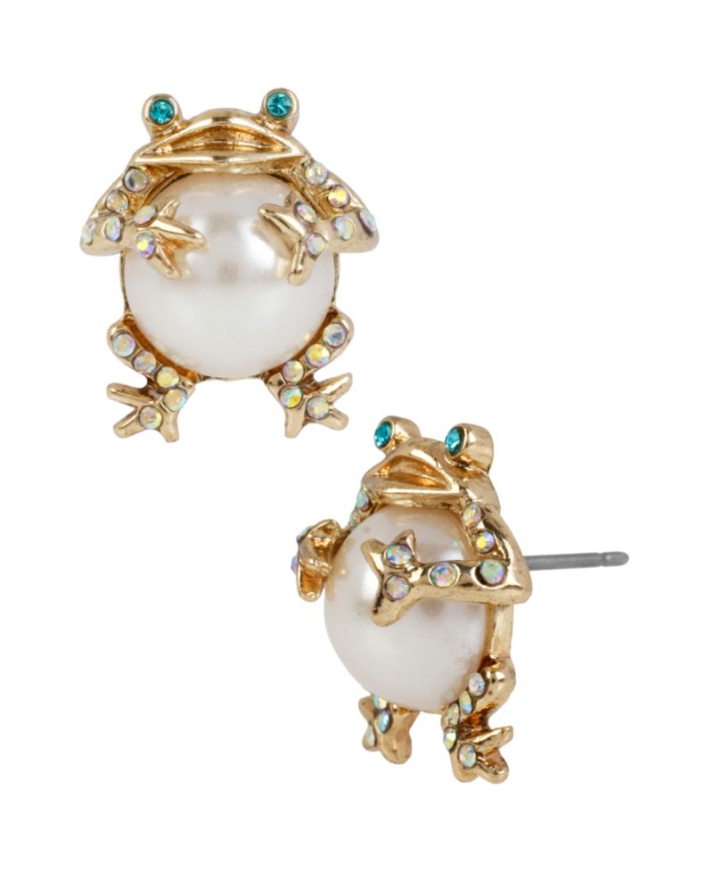 Faux Stone Cultivated Pearl Frog Stud Earrings