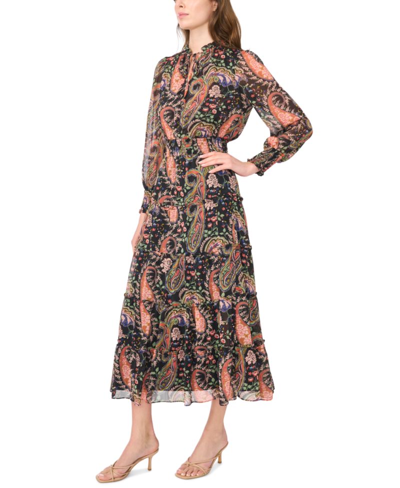 Women's Long-Sleeve Mock-Neck Tiered Maxi Dress