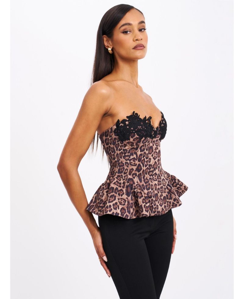 Women's Qiara Cheetah Print Peplum Top with Lace Trim