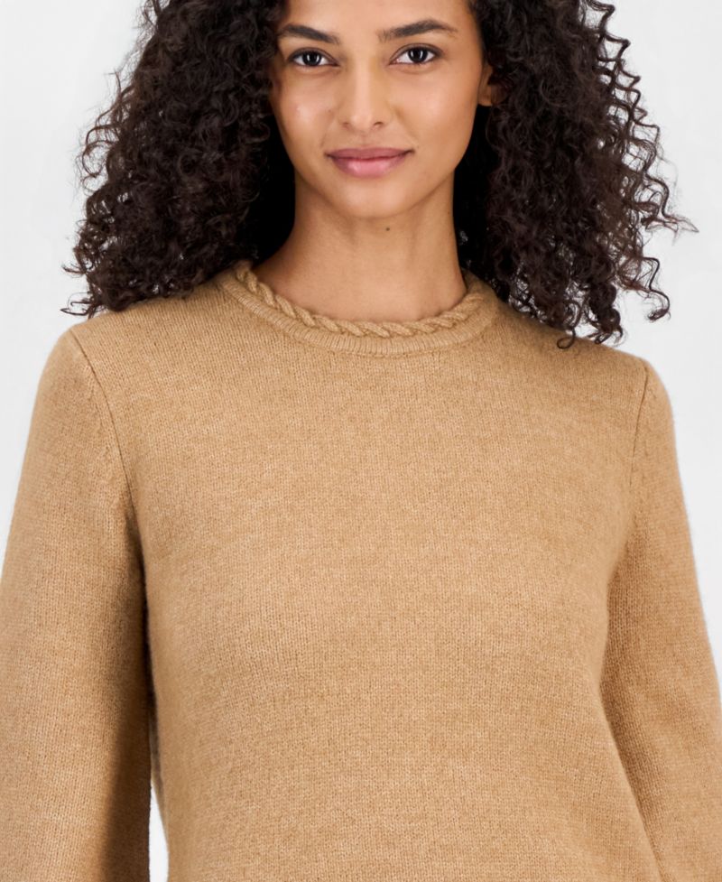 Petite Braided-Trim Long-Bell-Sleeve Sweater
