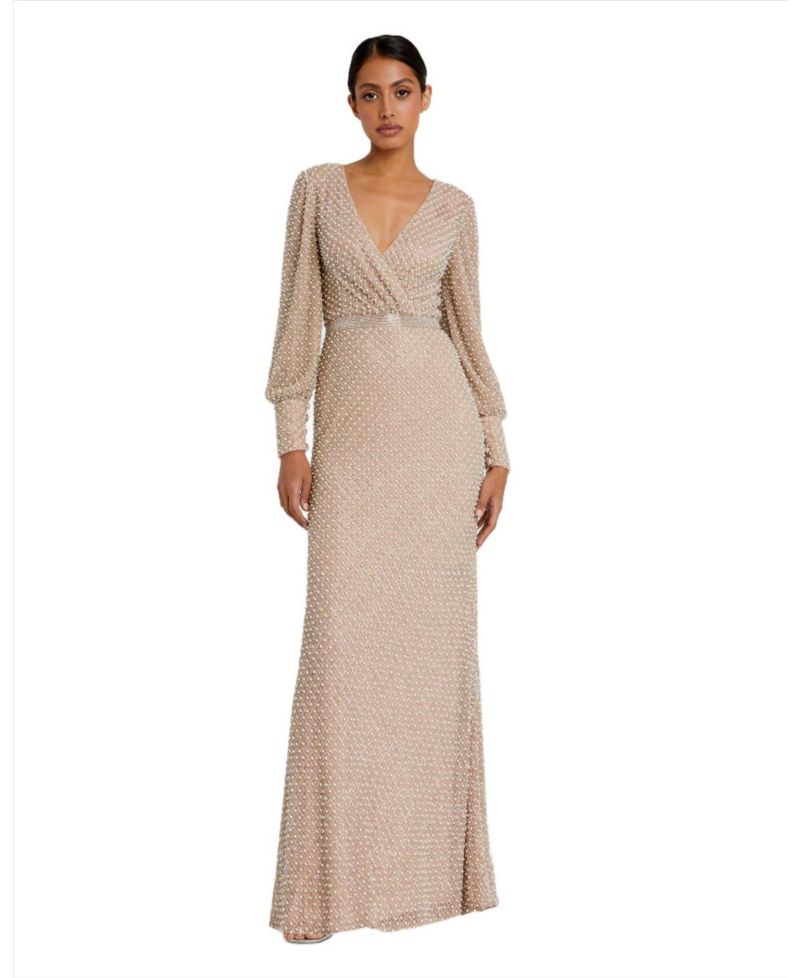 Women's Wrap Over Bishop Sleeve Gown With Pearl Beading
