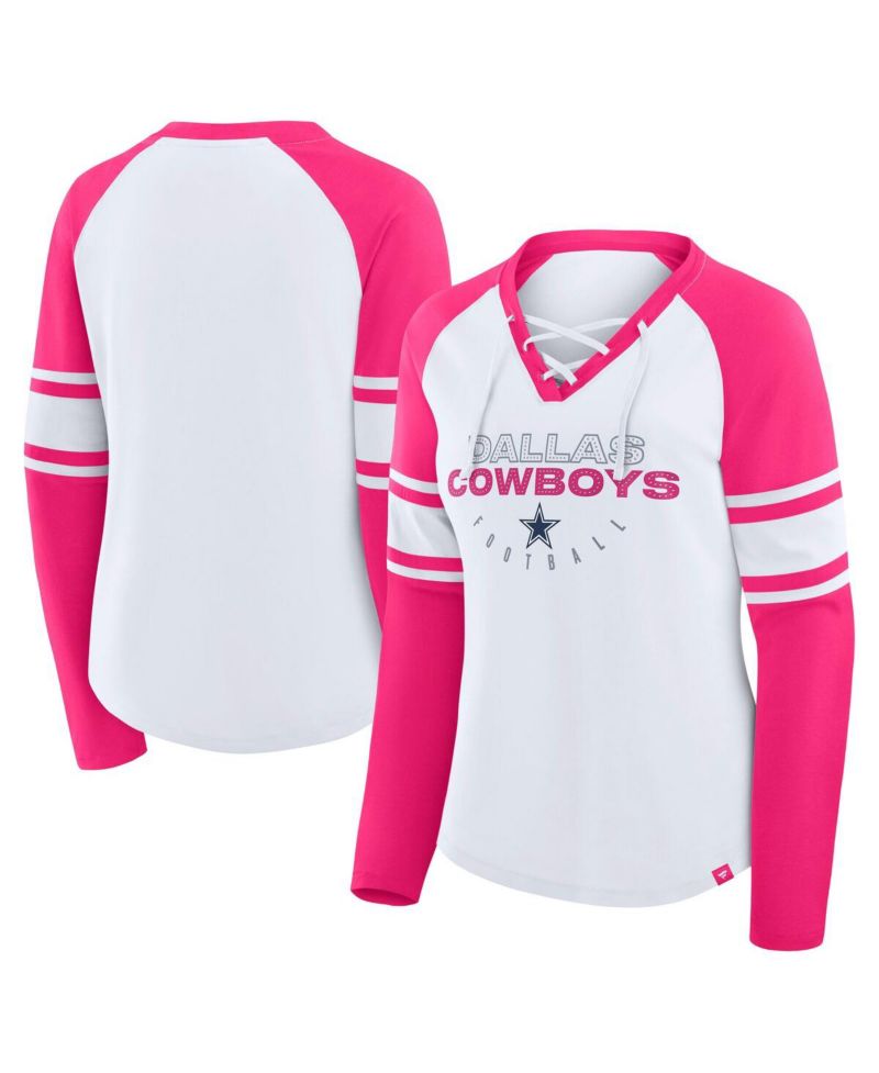 Women's White/Pink Dallas Cowboys Redzone Rhinestone Bling Lace Up Long Sleeve T-shirt