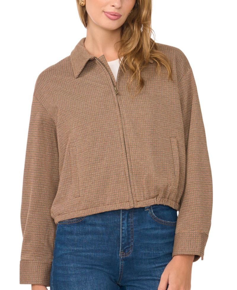 Women's Collared Bubble Front Waffle-Knit Bomber Zip Jacket