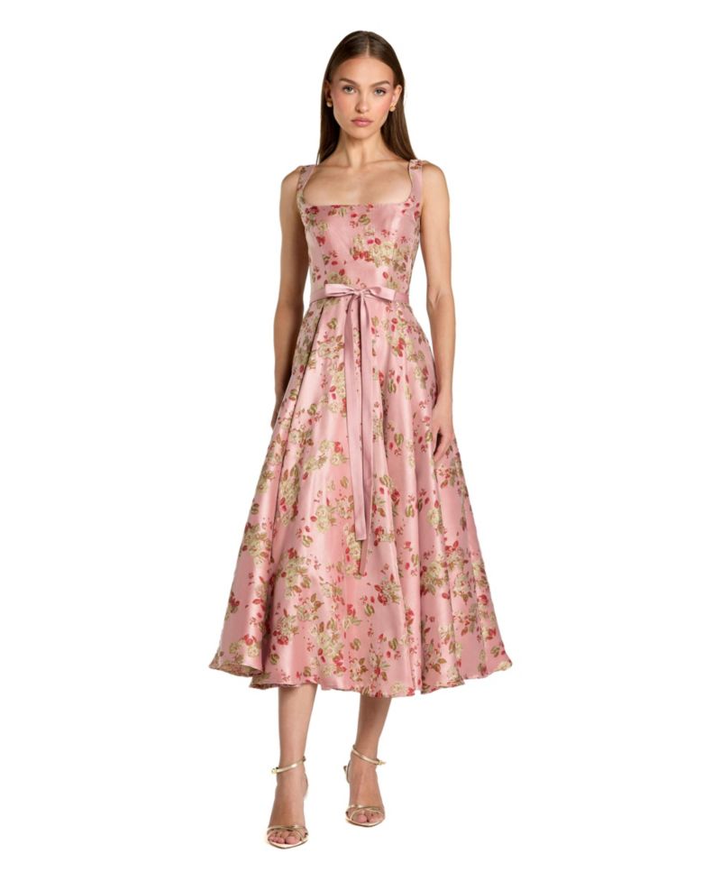 Petite Pink Floral Brocade Square-Neck Midi Dress