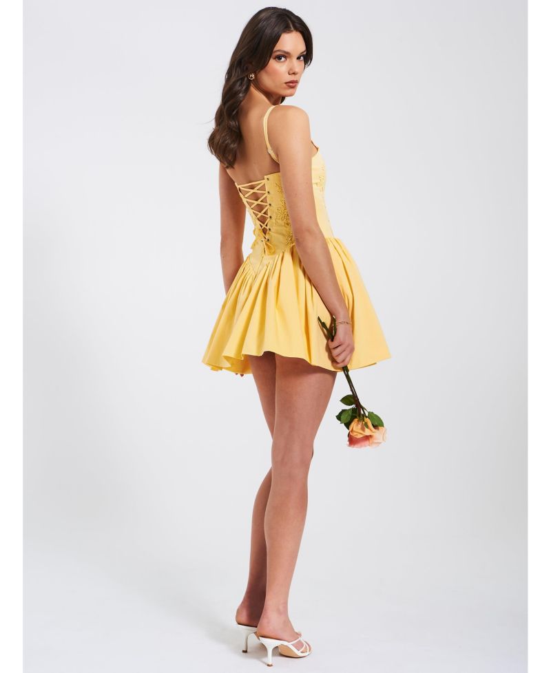 Women's Kadi Yellow Cotton Drop Waist Corset Mini Dress