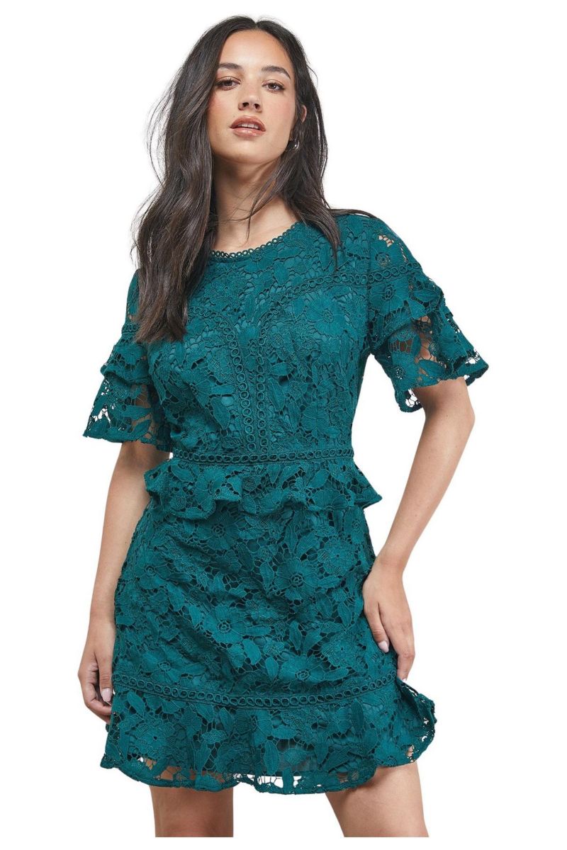 Women's Lace Trim Detail Frill Sleeve Mini Dress