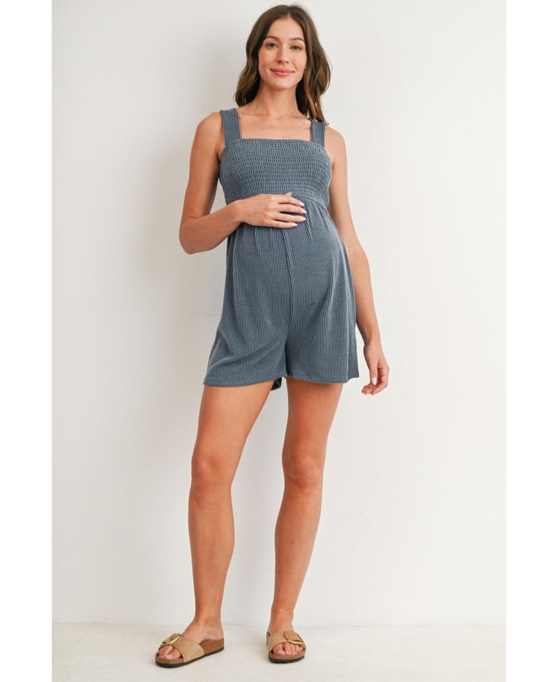 Women's Maternity Sleeveless Smocked Square Neck Ribbed Romper