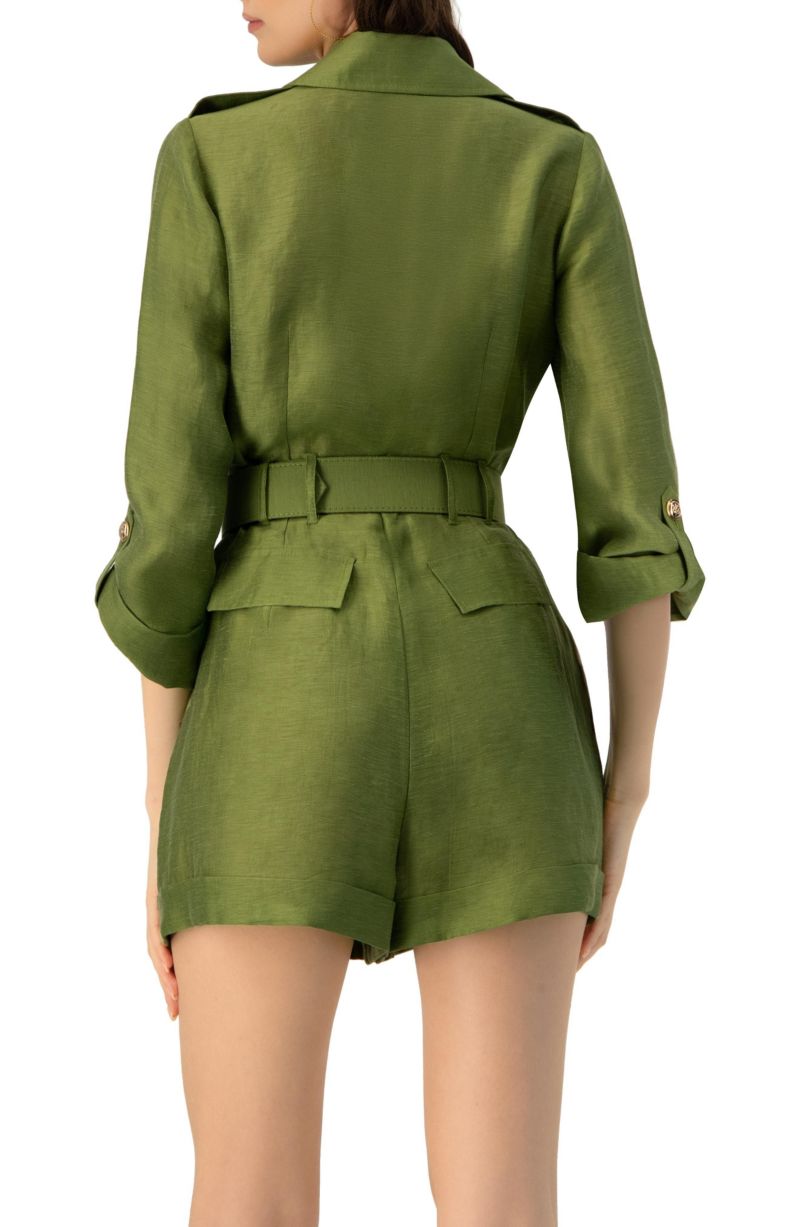 Women's Belted Linen Romper with Cargo Patch Pockets