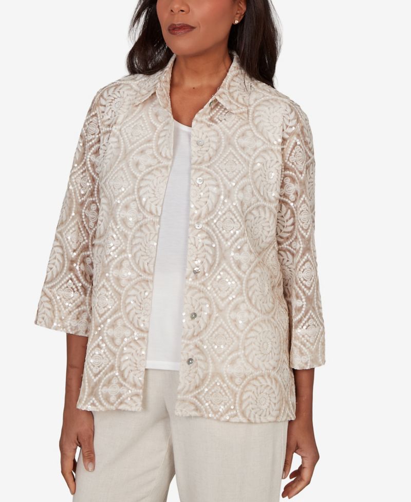 Women's Natural Wonder Sequin Medallion Two-In-One Collar Top