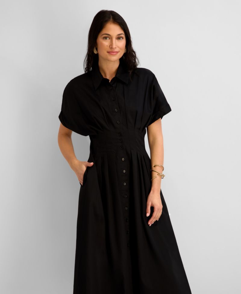 Women's Button-Front Cinched Waist Cotton Midi Shirt-Dress