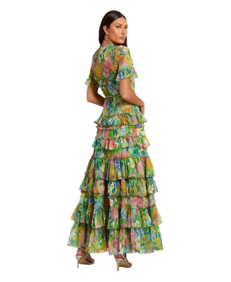Women's Floral Printed Chiffon Tiered Ruffle Gown