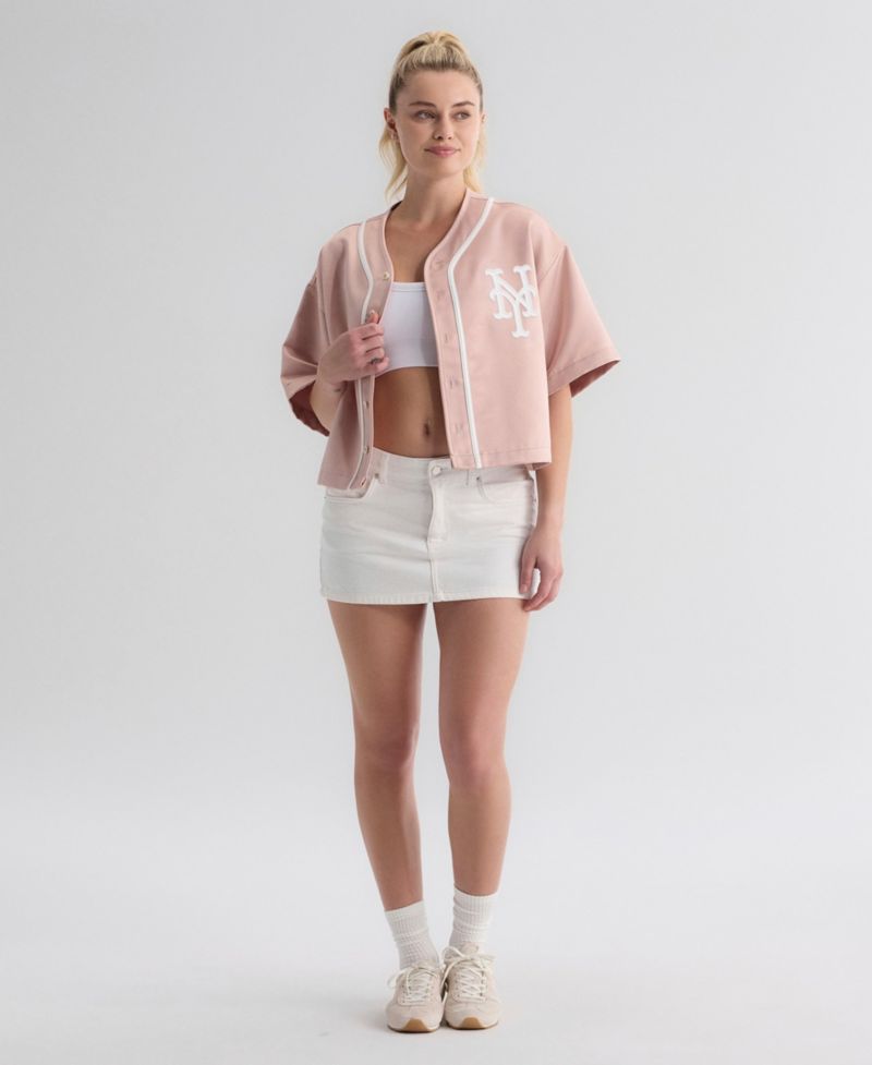 Women's New York Mets Boxy Cropped Satin Baseball Top