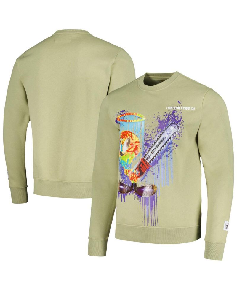 Men's and Women's Olive Looney Tunes Tweety Bird Splatter Horror Pullover Sweatshirt