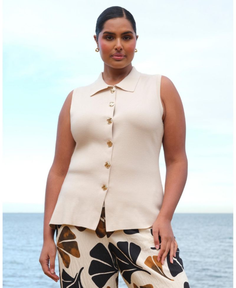 Plus Size Leya Collared Button-Front Fitted Knit Top
