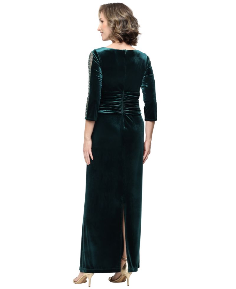 Women's Long Stretch Velvet Beaded Illusion Panel Sleeves Dress