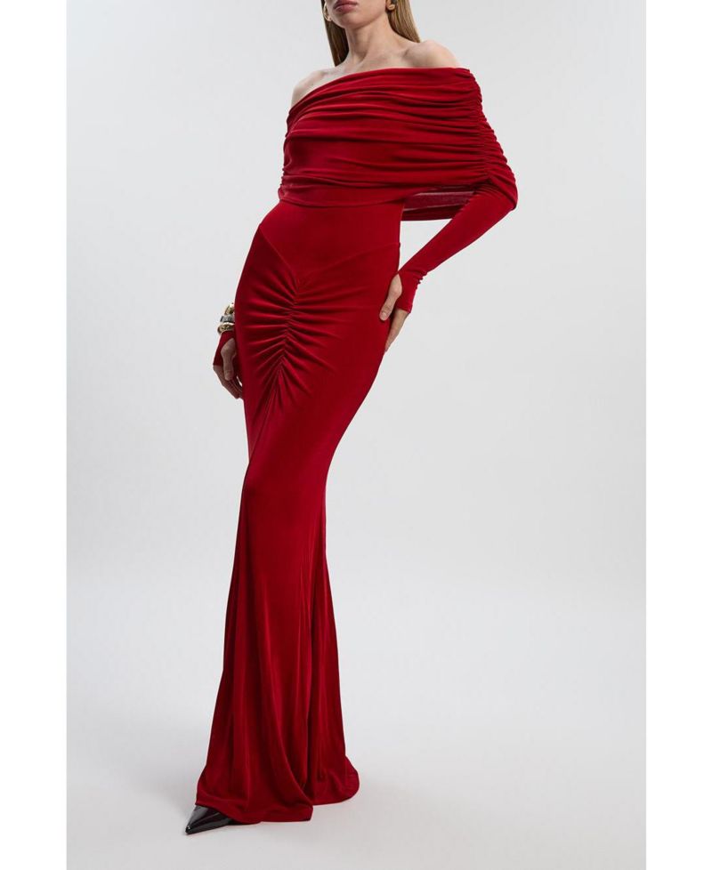 Women's Ruched Off Shoulder Fishtail Maxi Dress