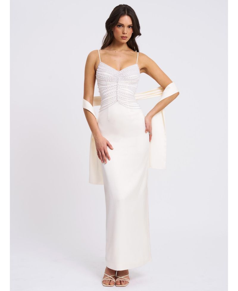 Women's Karmen Pearl Top Pencil Slip Gown with Scarf