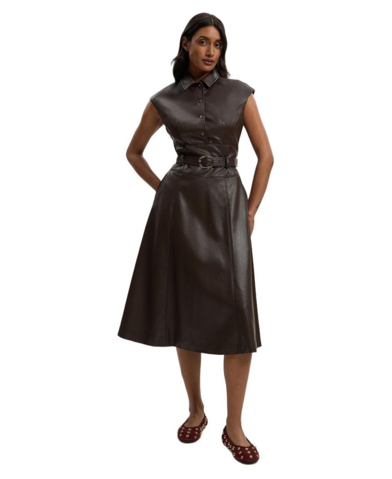 Women's Faux Leather Belted Midi Dress