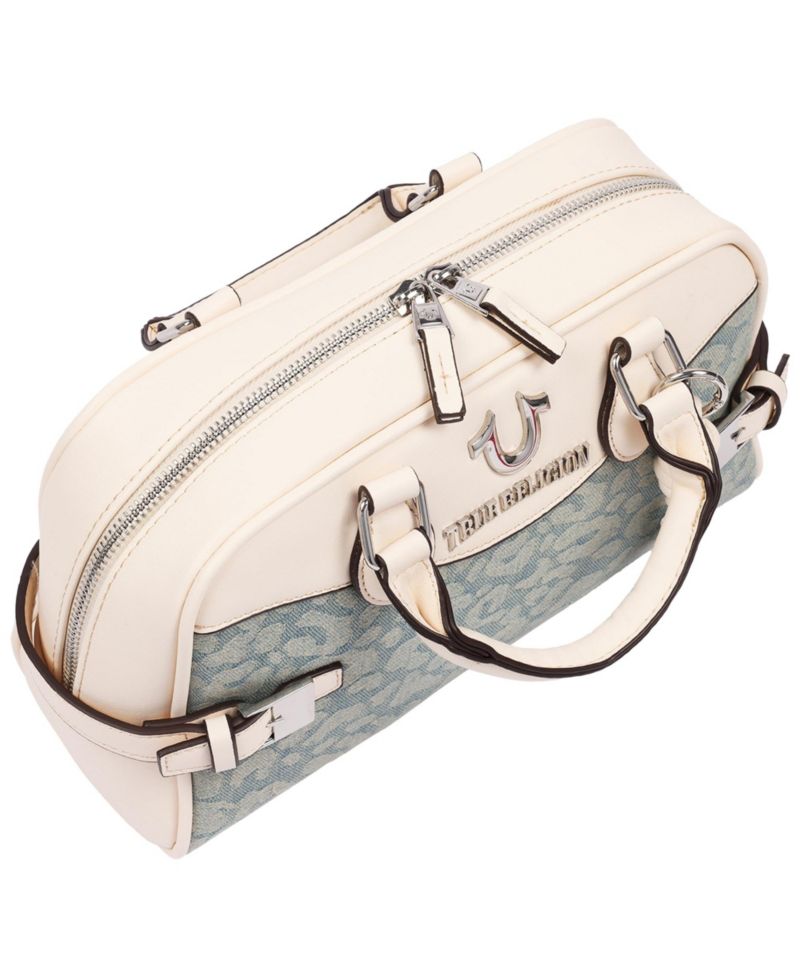 Brooks Leopard Denim Belted Satchel with Horseshoe Charm and Detachable Crossbody Strap