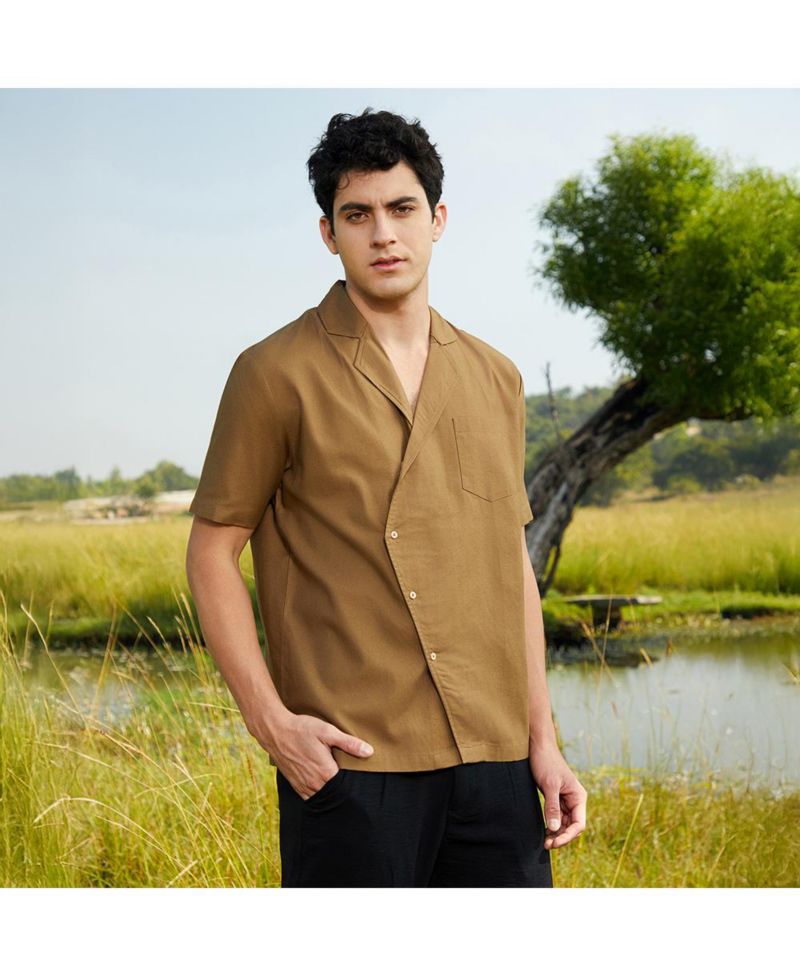 Men's Camel Brown Asymmetrical Cuban Shirt