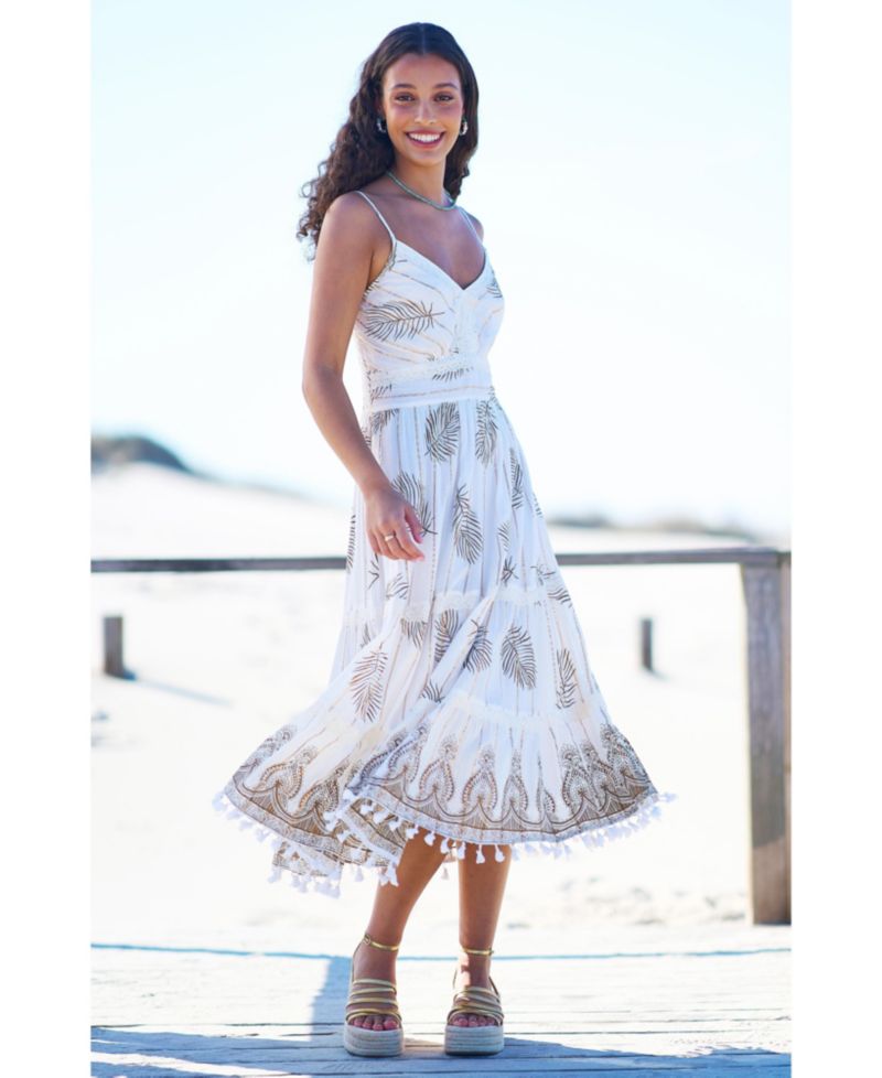 Women's Foil Print Lace Trim Midi Sun Dress