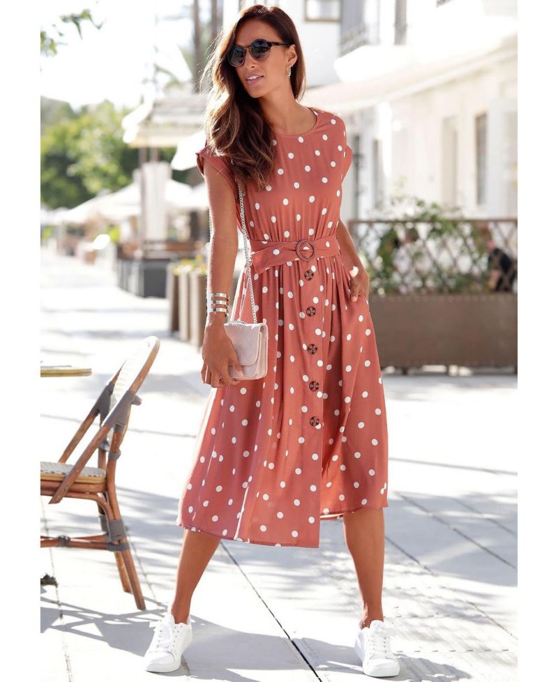 Women's Polka-Dot Short-Sleeve Belted Midi Dress