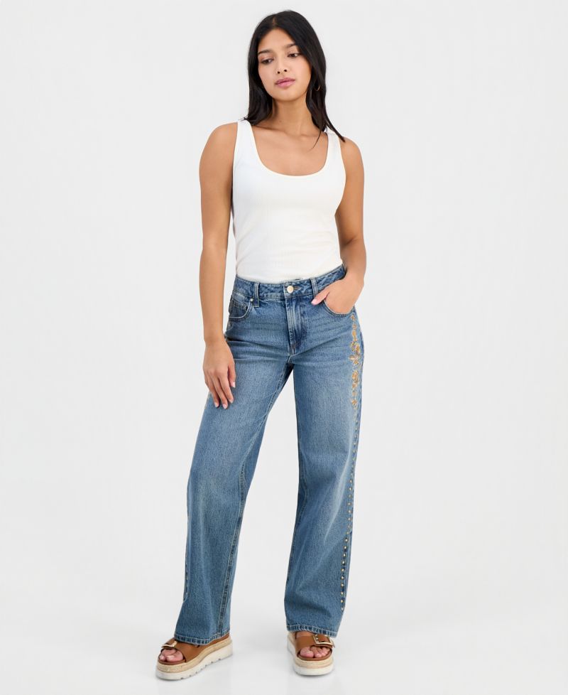 Petite High-Rise Embroidered Straight-Leg Jeans