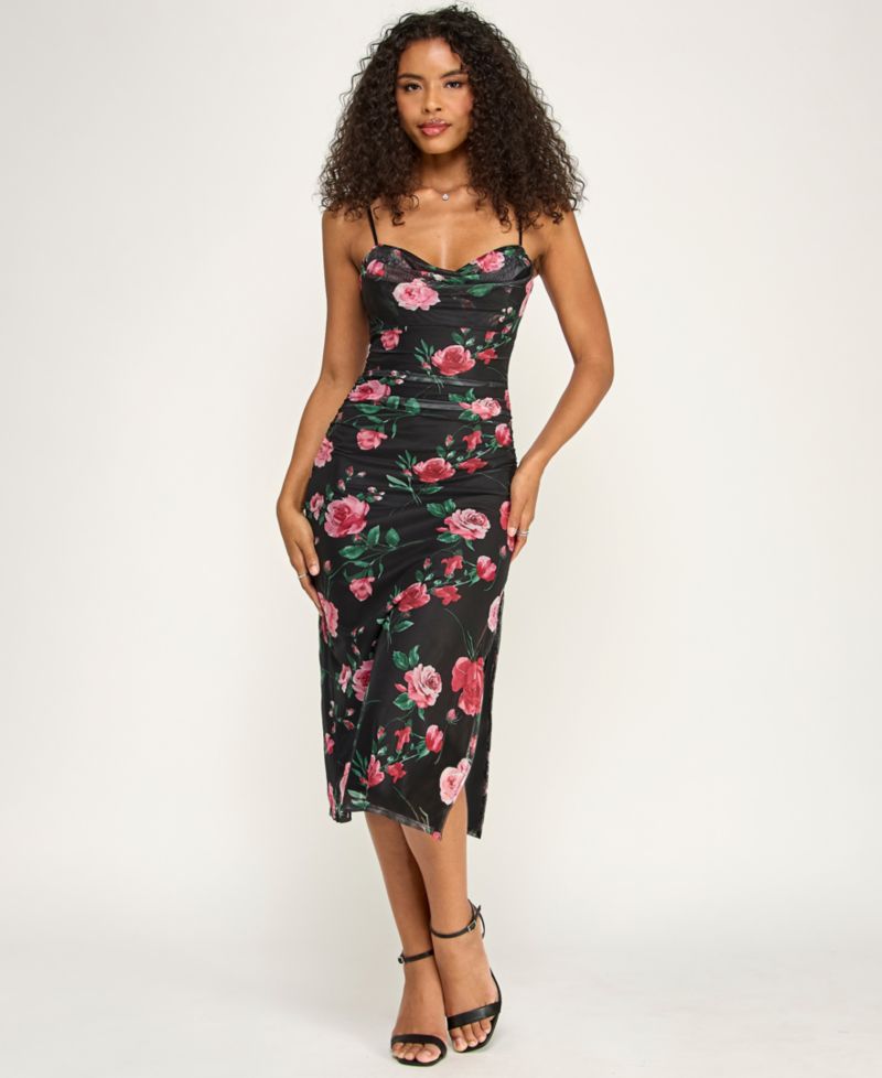 Juniors' Printed Sweetheart Neck Midi Dress
