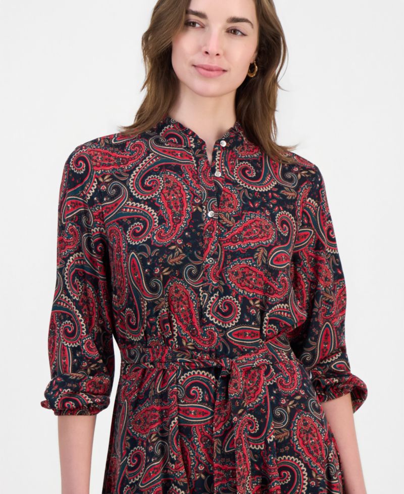 Women's Paisley Ruffle-Neck 3/4-Sleeve Shirtdress