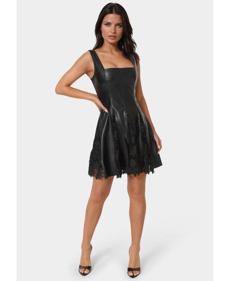 Women's Faux Leather Lace Inset Flare Dress