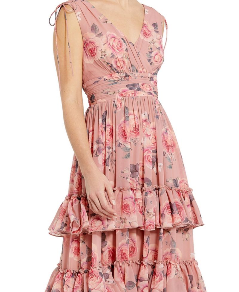 Women's Drawstring Shoulder Floral Chiffon Tiered Gown