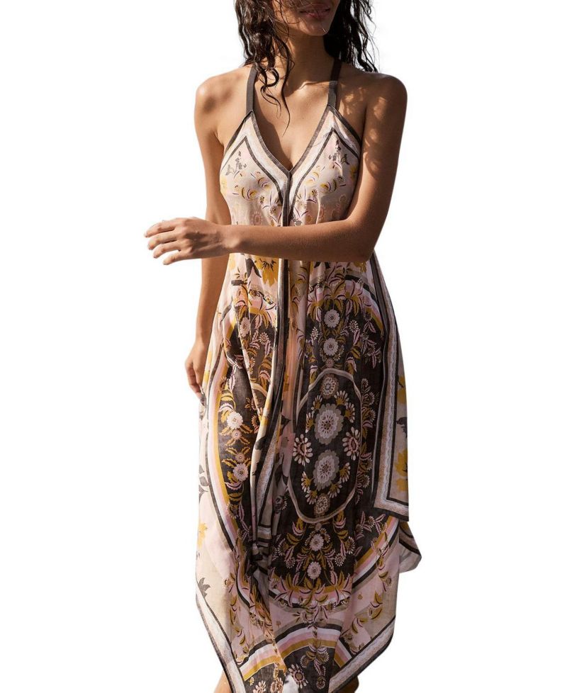 Women's Desert Bloom V-Neck Floral-Print Handkerchief Hemline Maxi Dress
