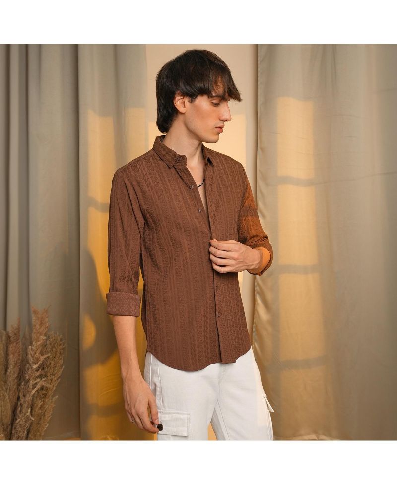 Men's Chocolate Brown Geometric-Textured Knit Shirt