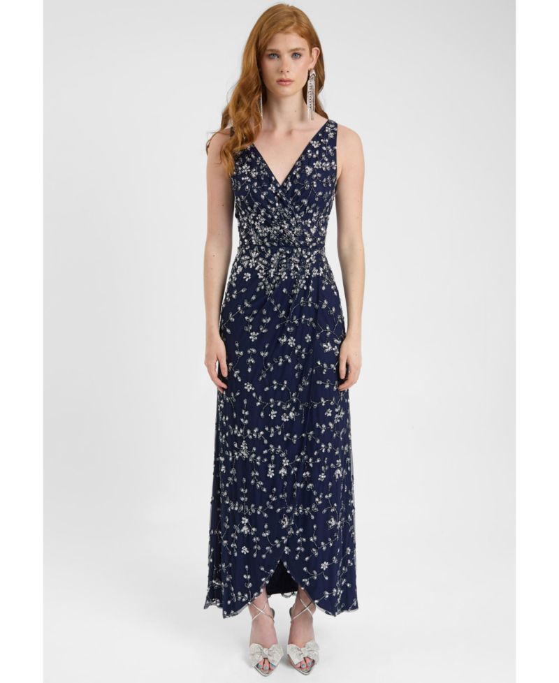 Women's Embellished Sequin Beaded Maxi Dress With Wrap Bottom