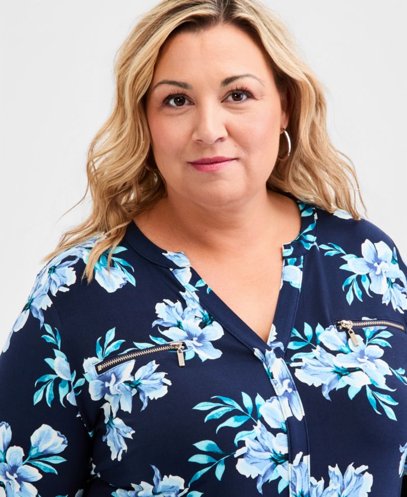 Plus Size Printed Split-Neck Long-Sleeve Top