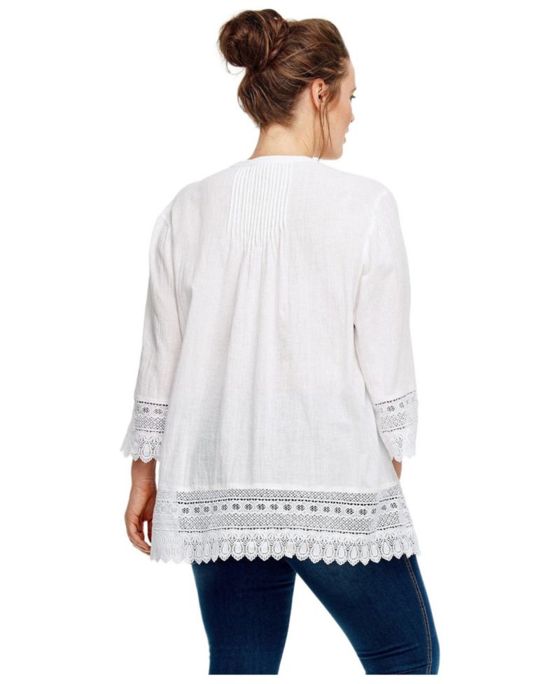 Women's 100% Cotton Crepe Button-Front Three-Quarter Sleeve Crochet Trim Blouse