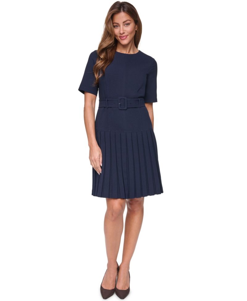 Women's Crewneck Pleated Fit & Flare Buckle Belt Dress