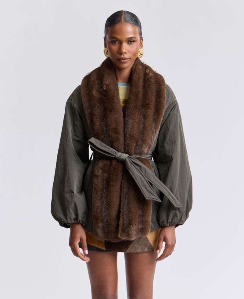 Women's Belted Faux-Fur-Trim Shawl Collar Puffer Jacket