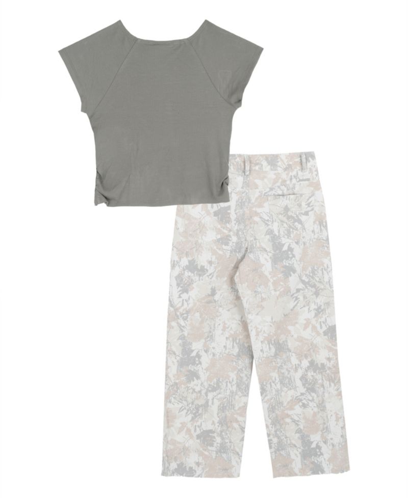 Girls' 7-12 Rib Knit T-Shirt and Printed Twill Pants, 2-Piece Set