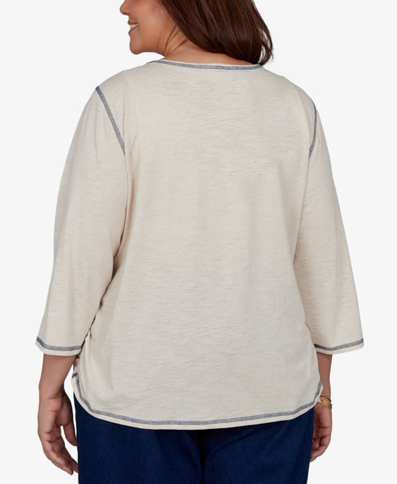 Plus Size 3/4-Sleeve Sunflower-Graphic Cotton-Polyester Blend T-Shirt