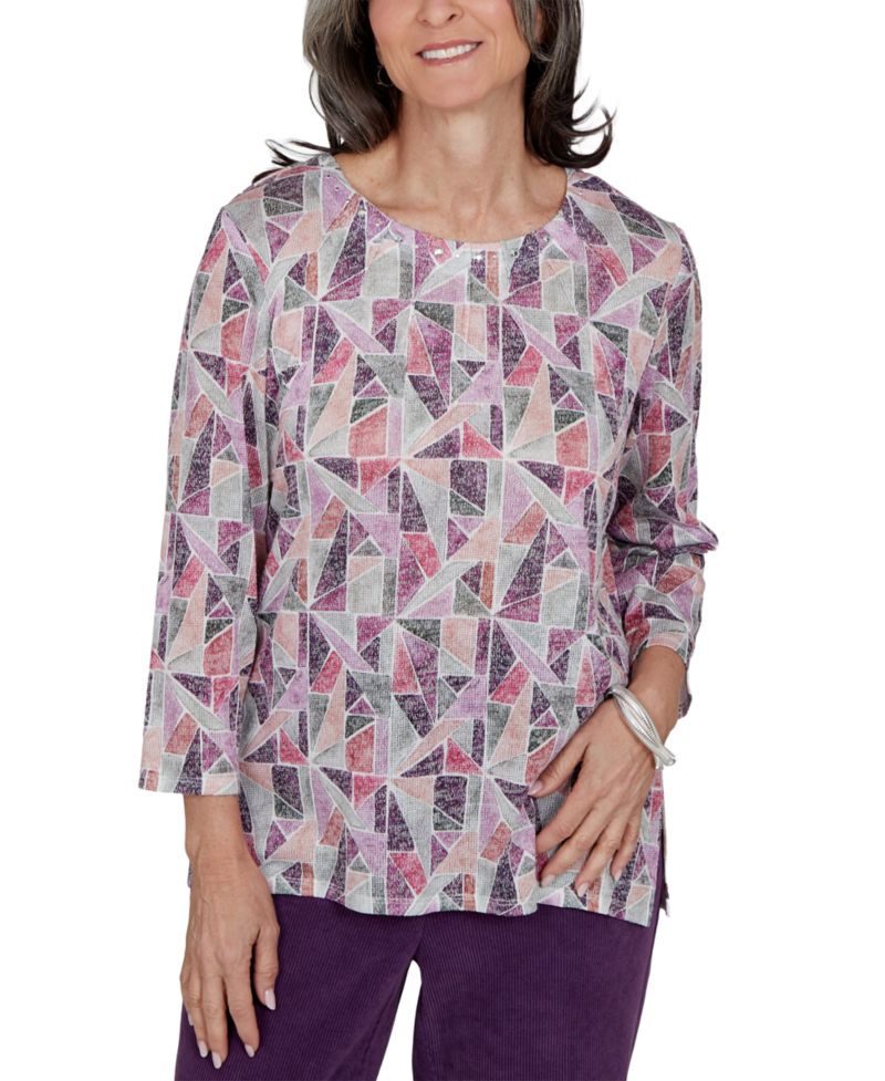 Petite Geometric 3/4-Sleeve Crew Neck Top