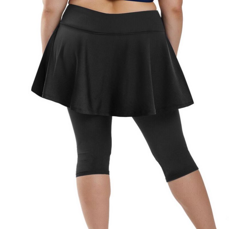 Plus Size Chlorine Resistant High Waisted Flared Swim Skort With Attached Capri Leggings
