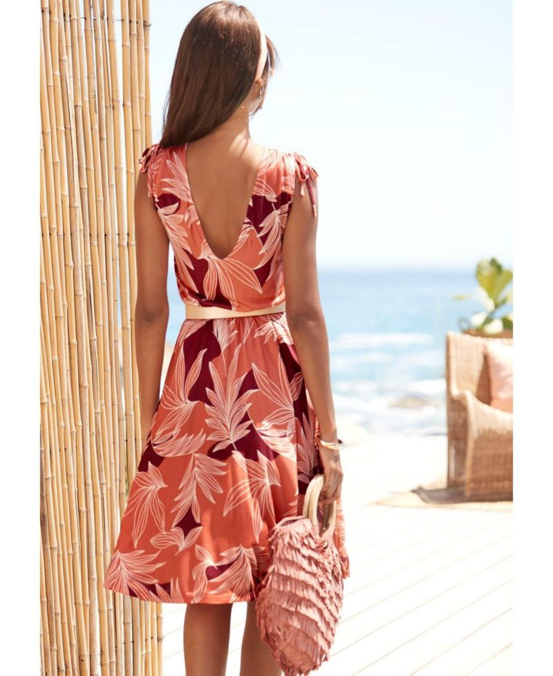 Women's Viscose Printed A-Line V-Neck Elastic-Waist Short Dress