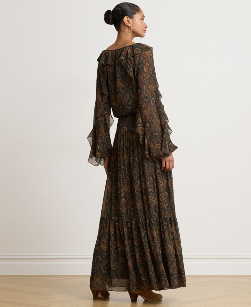 Petite Paisley Long-Sleeve Tiered Maxi Dress